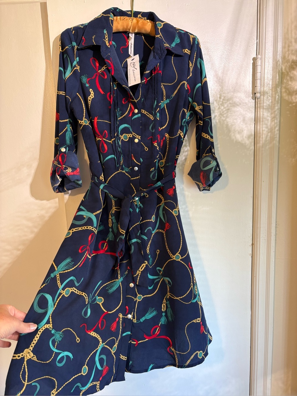 NY Collection Navy Chain & Ribbon Midi Shirt Dress